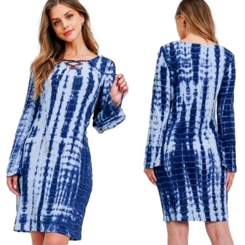 Retro Blue Tie-Dye Shift Dress ~ Boho Bell Sleeves ~ Round Neck ~ NEW IN PACKAGE - Picture 10 of 10